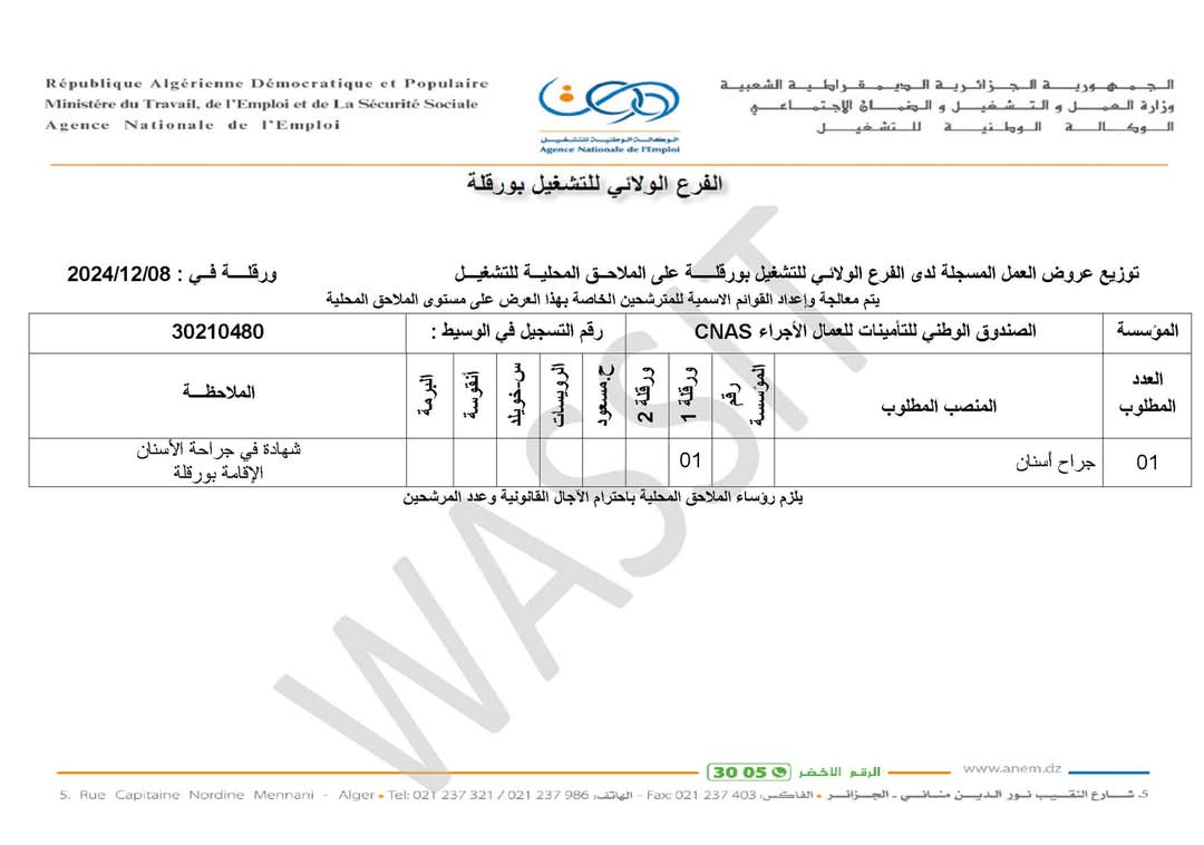 اعلان توظيف بالصندوق الوطني للتأمينات الاجتماعية للعمال الاجراء CNAS - SFN Emploi