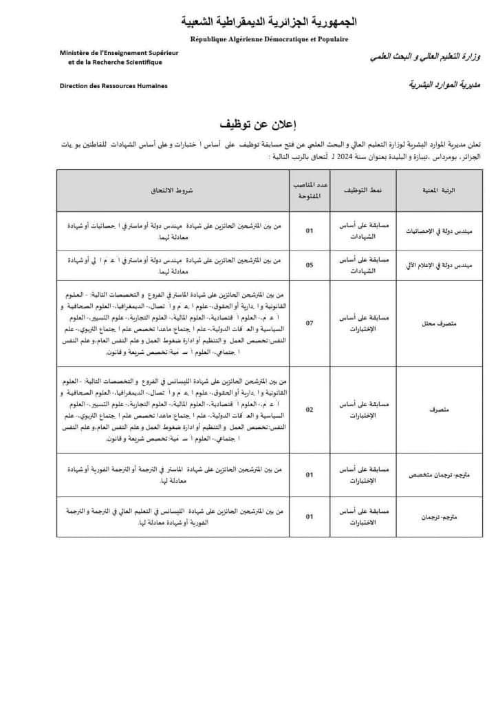 مسابقة توظيف بوزارة التعليم العالي و البحث العلمي(34 منصب) - SFN Emploi
